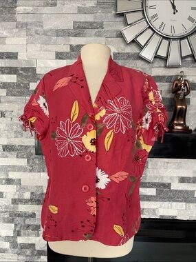 Emma James Women’s Red Floral Button Front Collared Lined Jacket Size 16